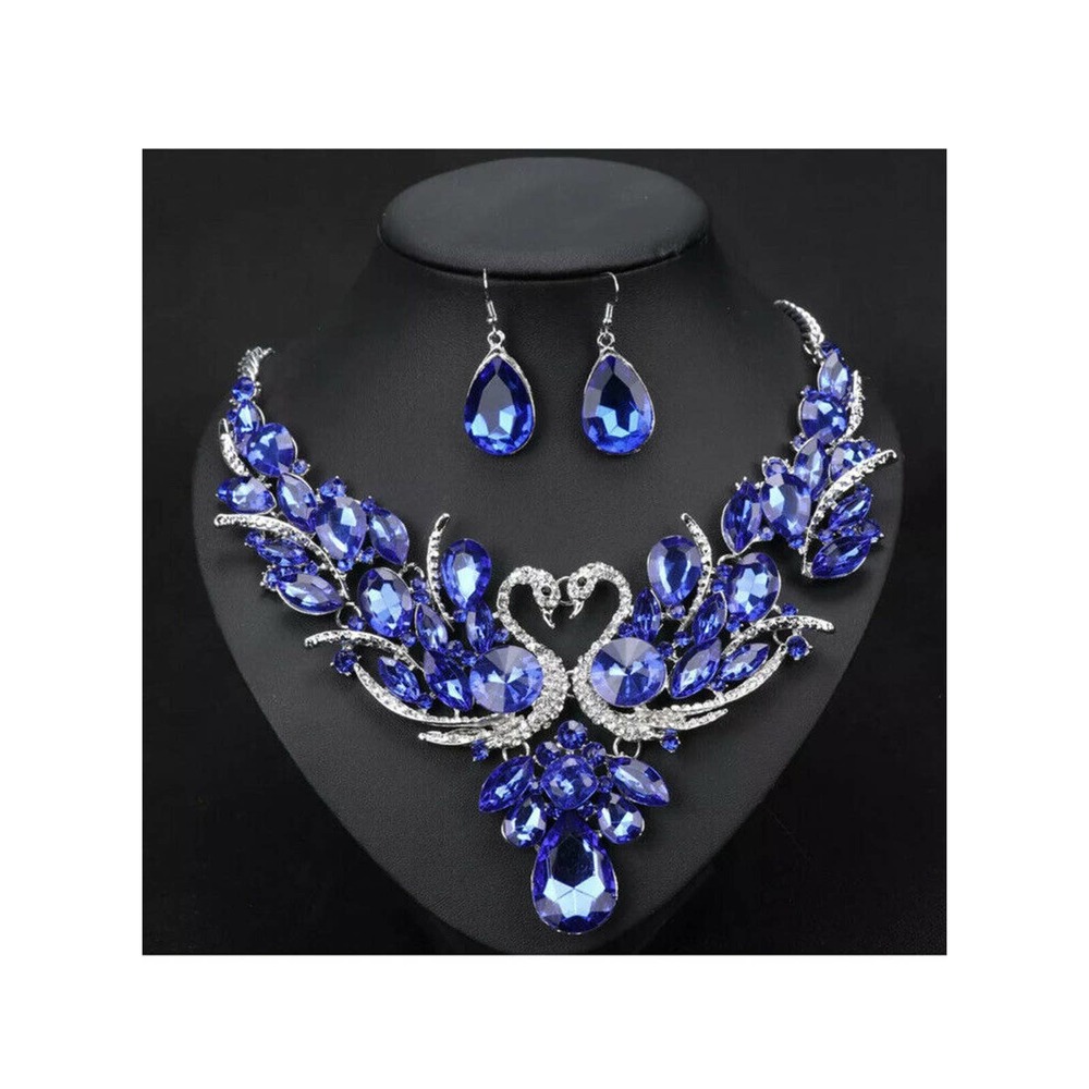 Silver Blue Sapphire Crystal Rhinestone Swan Necklace Earrings Bridal Prom Set